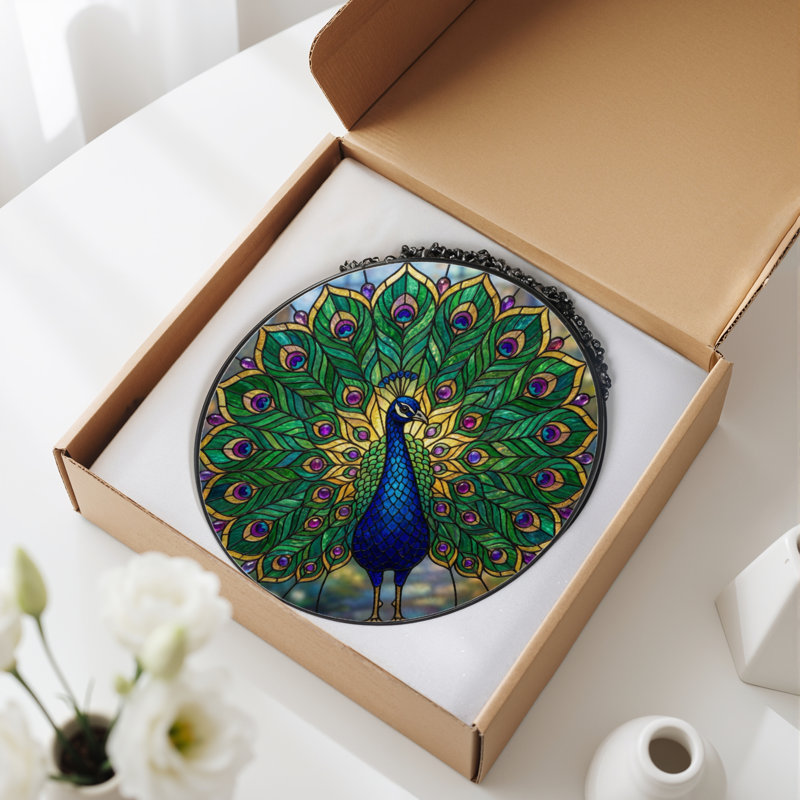 7.8"H Peacock Feathers Stained Glass Window Panel, 7.8" H x 7.8" W