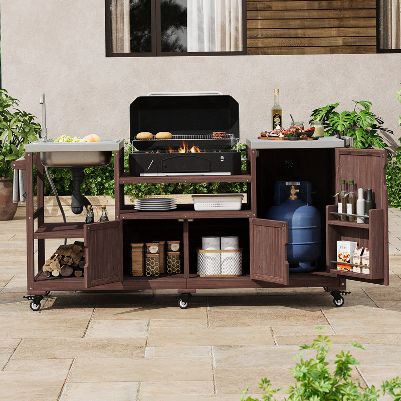 Îlot de cuisine rustique avec plateau en acier inoxydable et bois de sapin massif, Brun