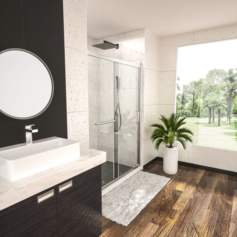48" W x 72" H Sliding Shower Door, 1/4'' Tempered Glass, Stainless Steel Frame in Chrome, Chrome