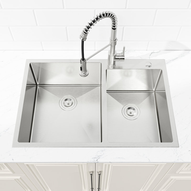 Évier double moderne en acier inoxydable 33 po x 19 po - sur-comptoir, avec fonctions de réduction du bruit, installation sur comptoir, résistance aux égratignures