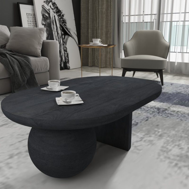 Janaan 38 Inch Coffee Table, Oblong Mango Wood Top with a Modern Ball Leg, Black