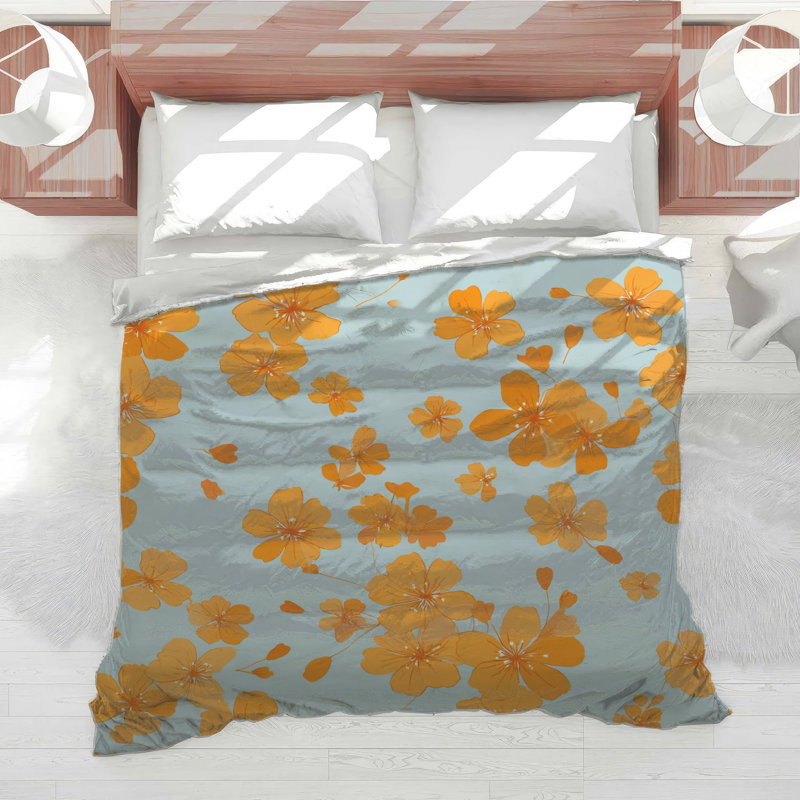 Édredon à motif floral Boho Boho, Édredon simple extra long, Gris / floral orange