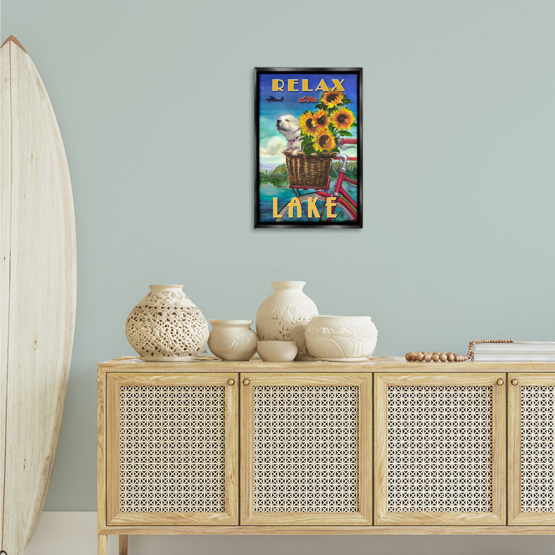 Dog in Bicycle Basket Framed Floater Canvas by Geoff Allen, 25" H x 17" W, Brown Floater Frame