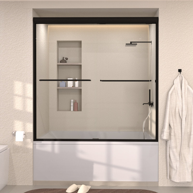 Nepti Matte Black Semi-Frameless Sliding Shower Door with Clear Glass