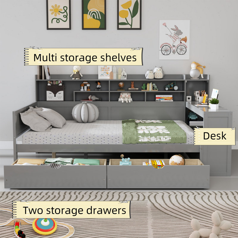 Multifunctional Bed With Two Storage Drawers, Storage Shelves And Study Table
