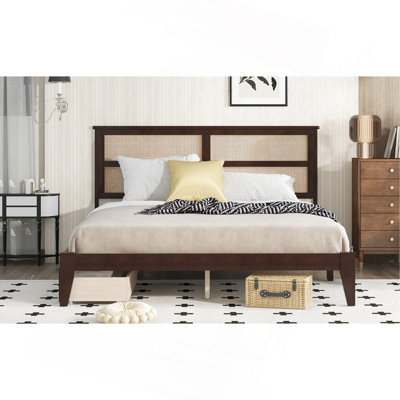 Bed With Rattan Headboard, Two Storage Drawers, Rubber Wood Bed With Enhanced  Support Salts And Feet