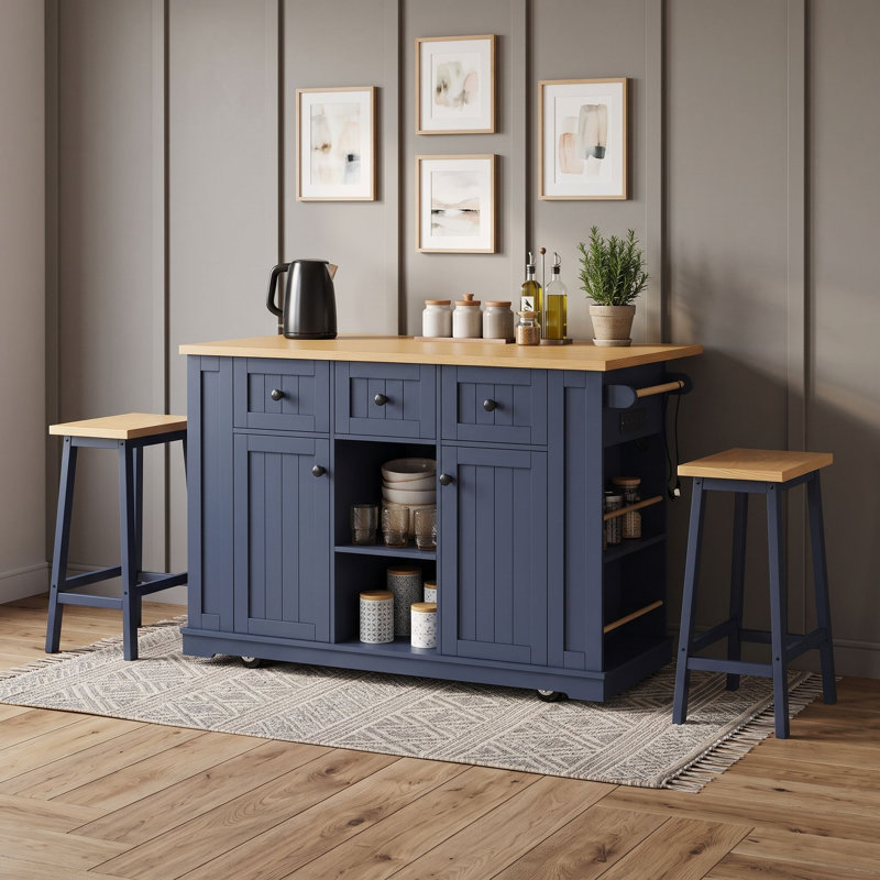 Ensemble d'îlot de cuisine 3 pièces avec 2 tabourets de bar, abattant, station de charge, tablettes et roues réglables