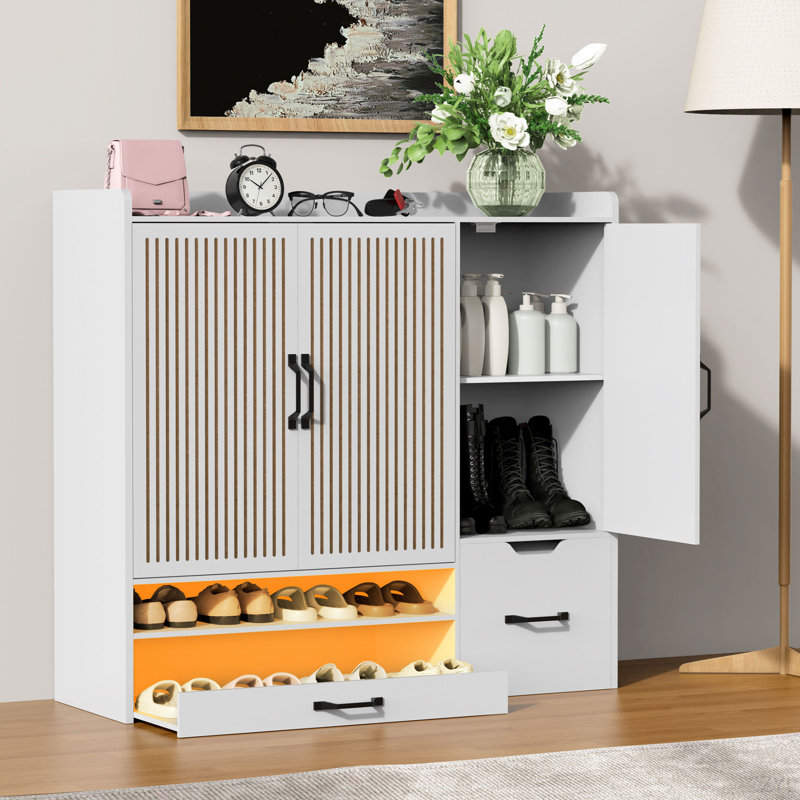 Armoire à chaussures multifonctionnelle avec tablettes réglables, tabouret, tiroir escamotable, range-chaussures minimaliste avec surface supérieure robuste pour différentes tailles d'articles, blanc