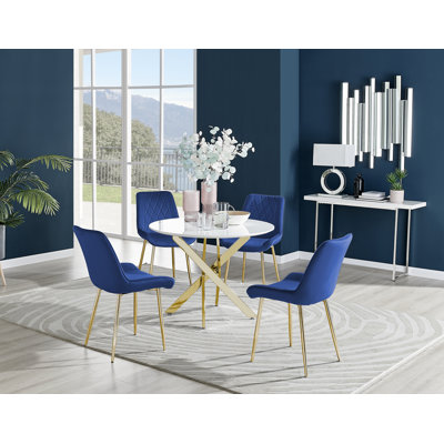 Tierra Sleek Round Dining Table Set with 4 Luxury Velvet Dining Chairs
