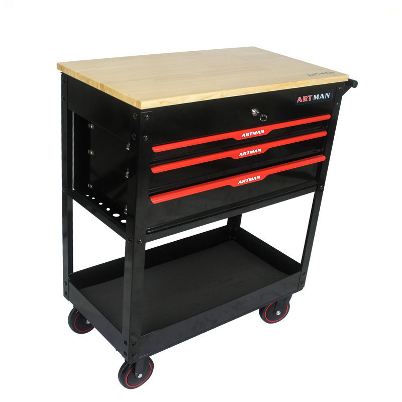 Chariot à outils multifonctionnel à 3 tiroirs avec roulettes et plateau en bois, Noir / Rouge