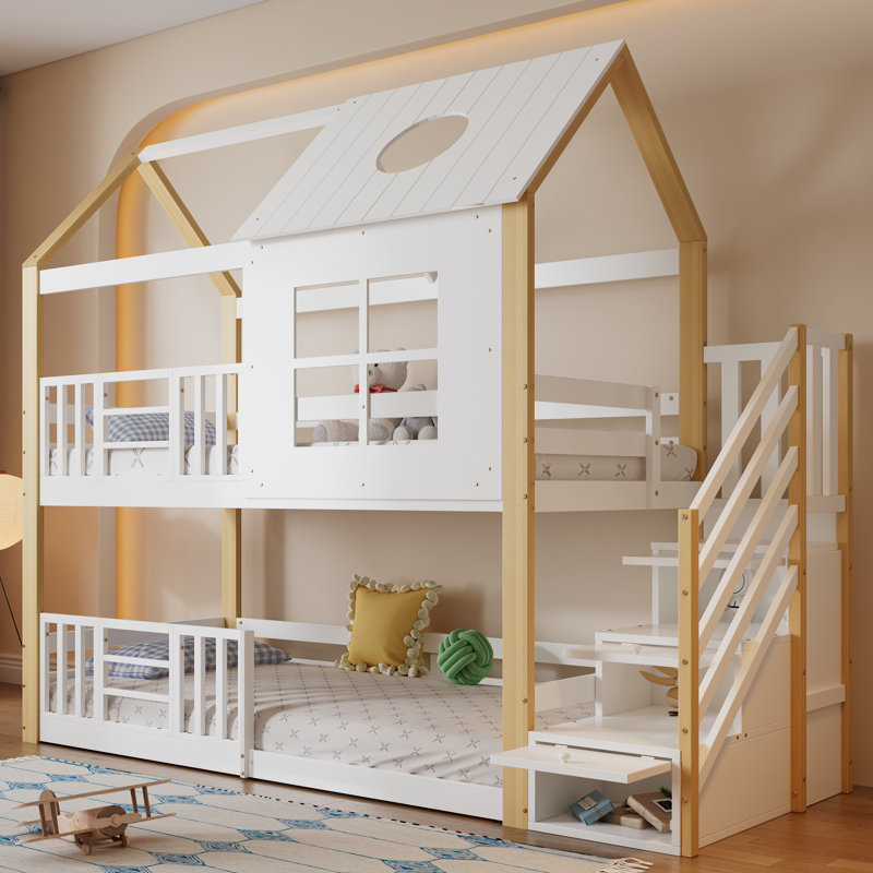 Bunk Bed With Storage Staircase – House Bed Frame With Roof, Window & Safety Rails, Pine & MDF, White, 90 X 200Cm