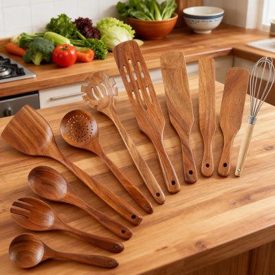 11-Piece Natural Teak Wooden Utensil Set For Cooking, Non-Scratch Wooden Spoons Spatula And Kitchen Tools For Non-Stick Cookware