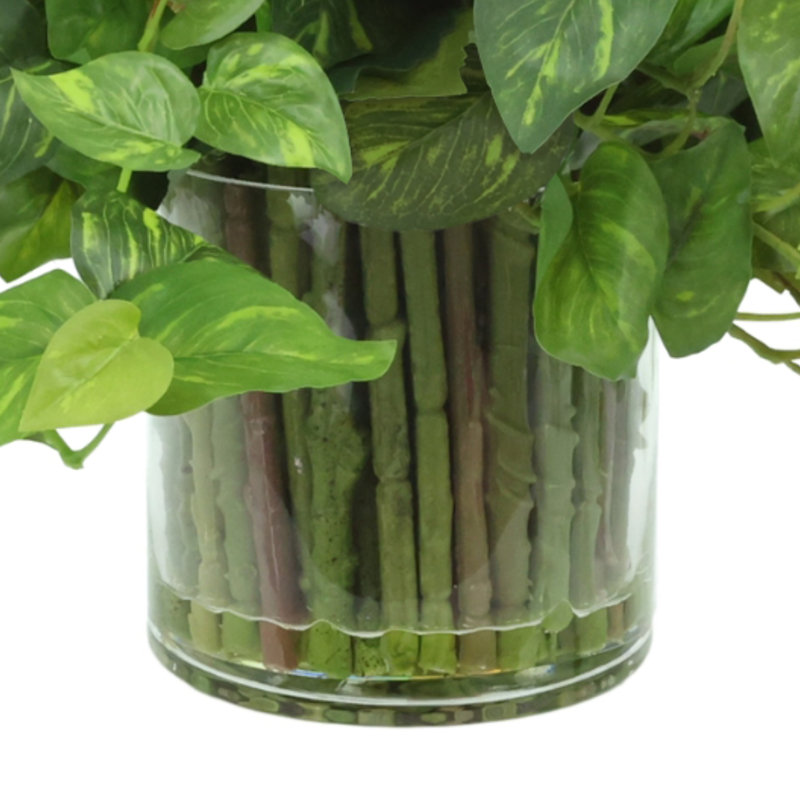 Faux Pothos Plant in Glass Vase, 15" H x 28" W x 28" D