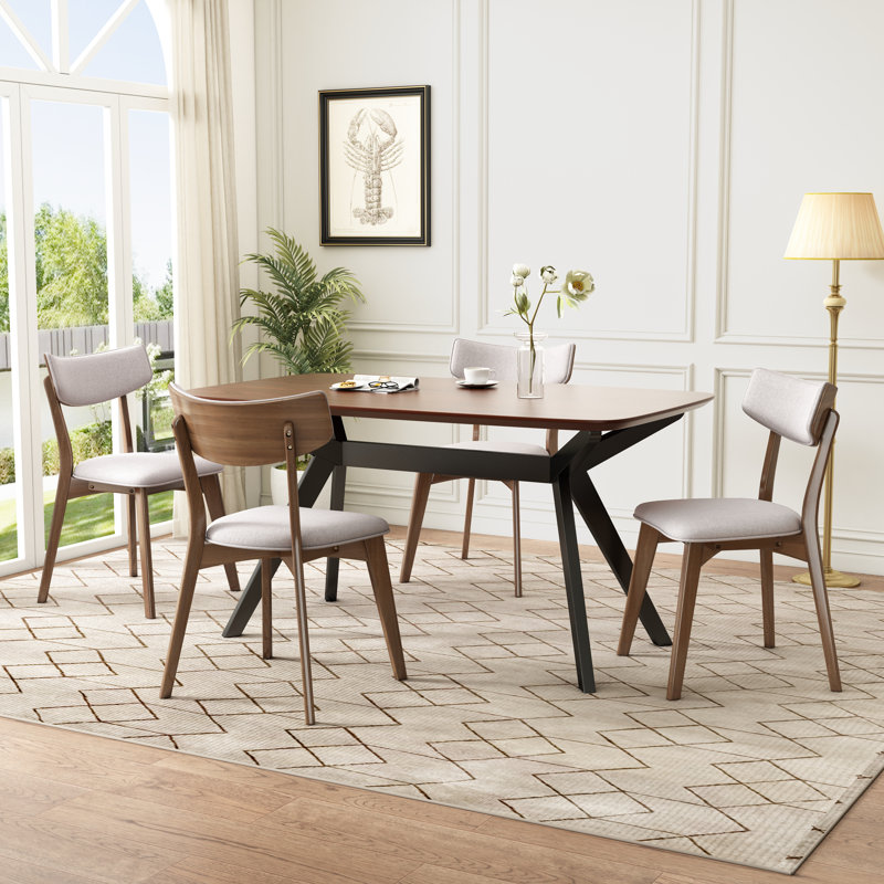 Evonne Upholstered Dining Set With Rubberwood Frame, 5, Light Beige