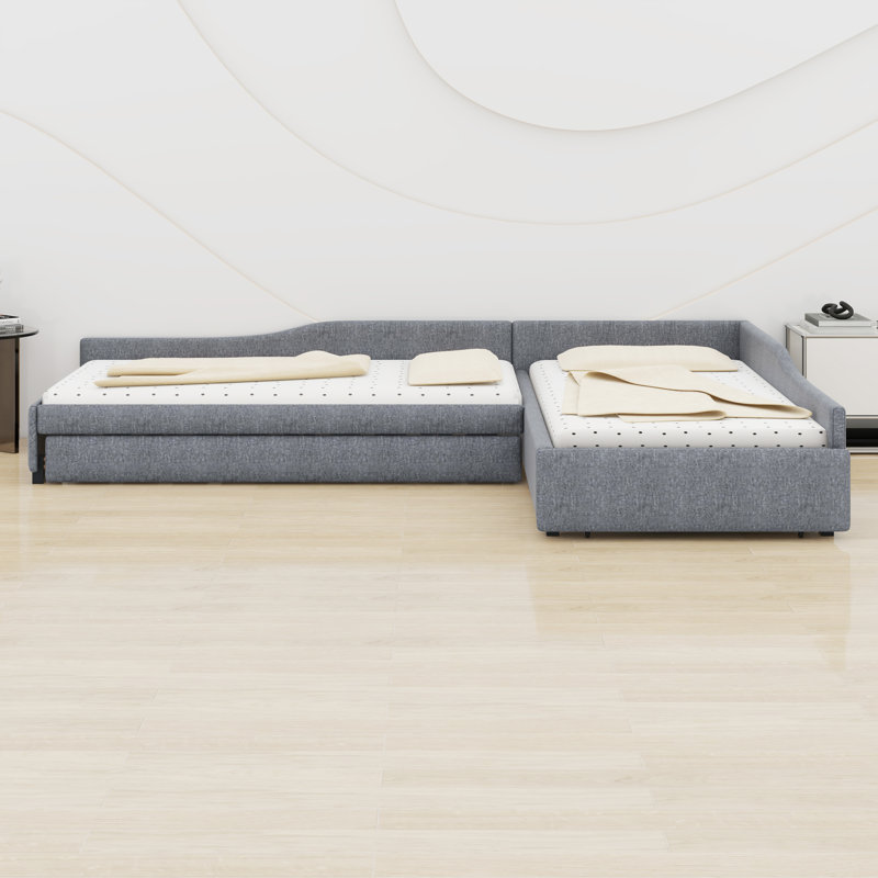Upholstered Double Daybed With Trundle And Drawer, Gray