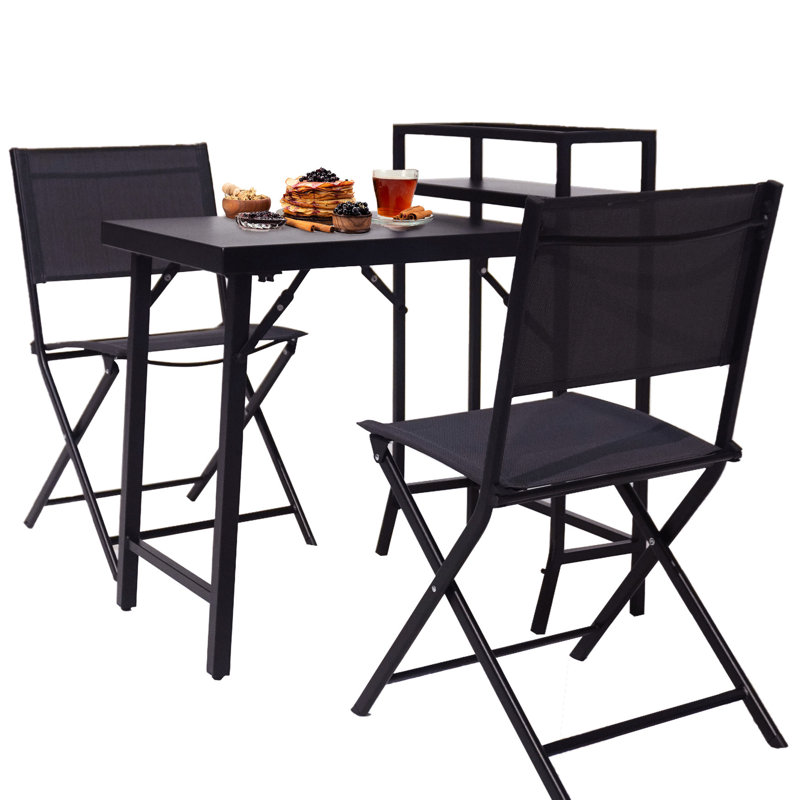 3 meubles de patio, table pliante et chaises d'extérieur noires, structure en acier rouille, chaises bistro, option bistro confortable et peu encombrante