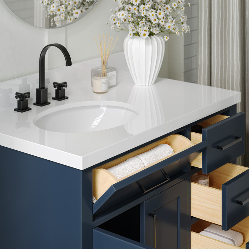 Meuble-lavabo simple en bois massif 36 po Tidworth avec plateau en quartz 1,5 po, Gauche, Ovale, Bleu minuit