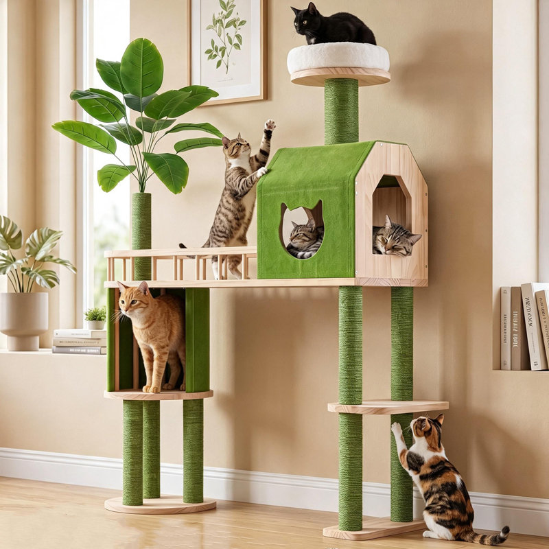 Arbre à chat en bois de 147 cm avec grande niche, perchoir supérieur et support pour plante artificielle