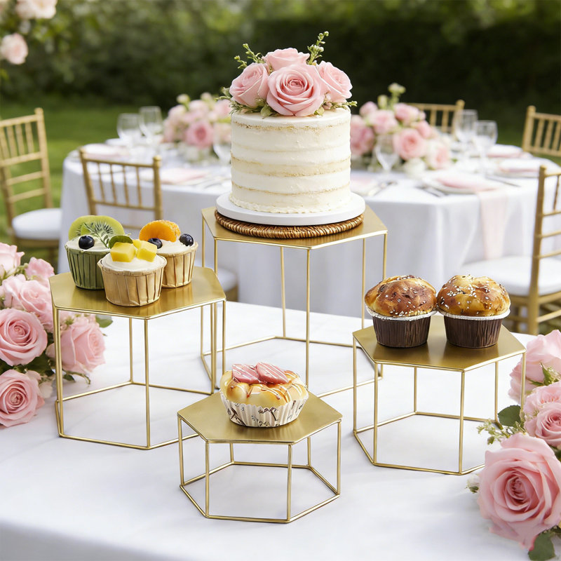 Ensemble de 4 présentoirs à gâteau hexagonaux dorés, présentoirs à dessert en métal pour table de mariage et de fête