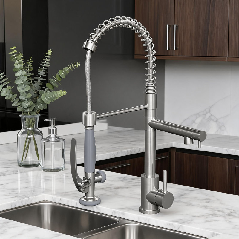 Robinet de cuisine commercial à poignée simple en acier inoxydable nickel brossé avec douchette extractible et bec de remplissage de pot