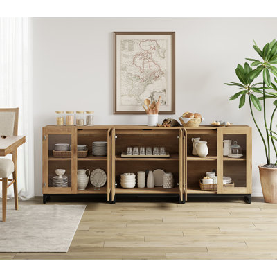 Buffet 3 en 1 multifonctionnel avec 6 portes en verre, crédence moderne avec tablette ajustable et base en métal, armoire de rangement pour bar, salon, cuisine