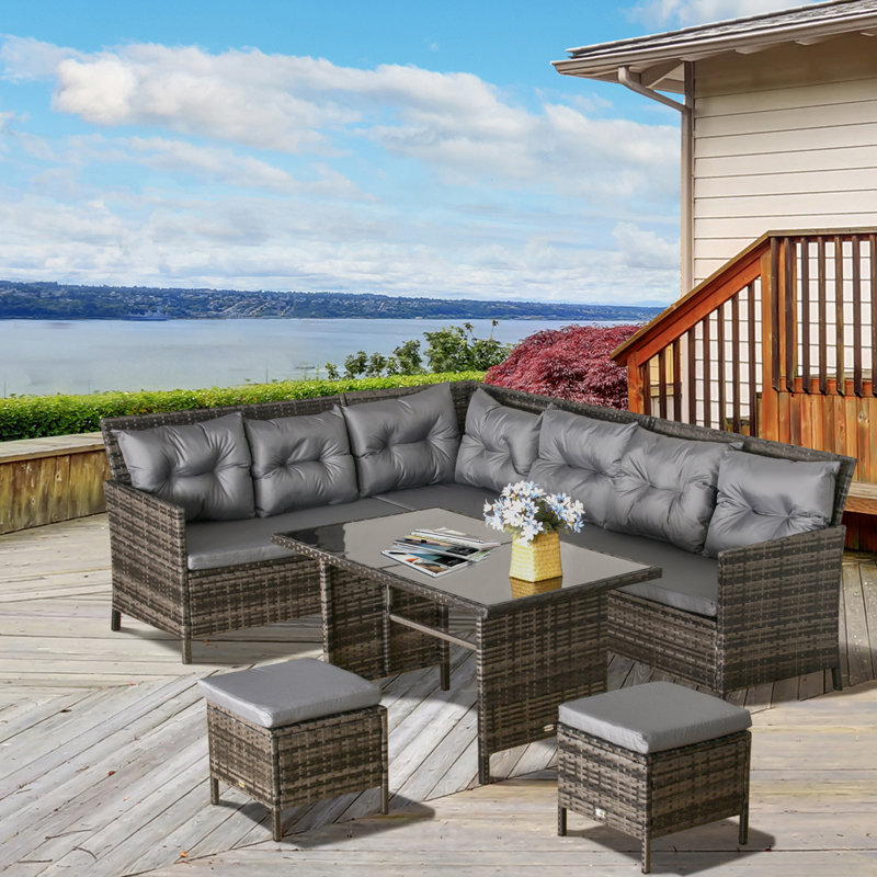Hayrulla 6 Piece Rattan Garden Furniture Set 8-Seater with Footstools, Grey