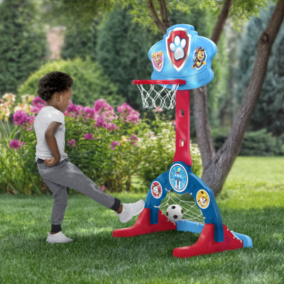 Nick Jr. PAW Patrol 4-in-1 Sports Center – Adjustable Easy Score Basketball Hoop, Soccer/Hockey Net and Golf Game – Set Includes: 1 Basketball, 1 Soccer Ball, 2 Golf/Hockey Clubs, 4 Golf/Hockey Balls