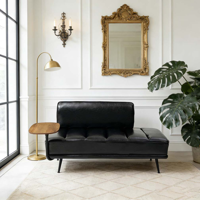 Banc de bout moderne de 55 po de large avec revêtement en similicuir et table d'appoint, Noir