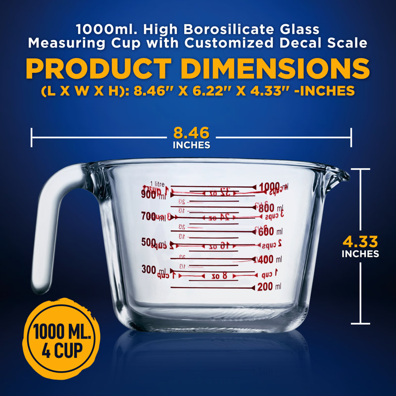 1000 Ml. High Borosilicate Glass Measuring Cup With Customized Decal Scale