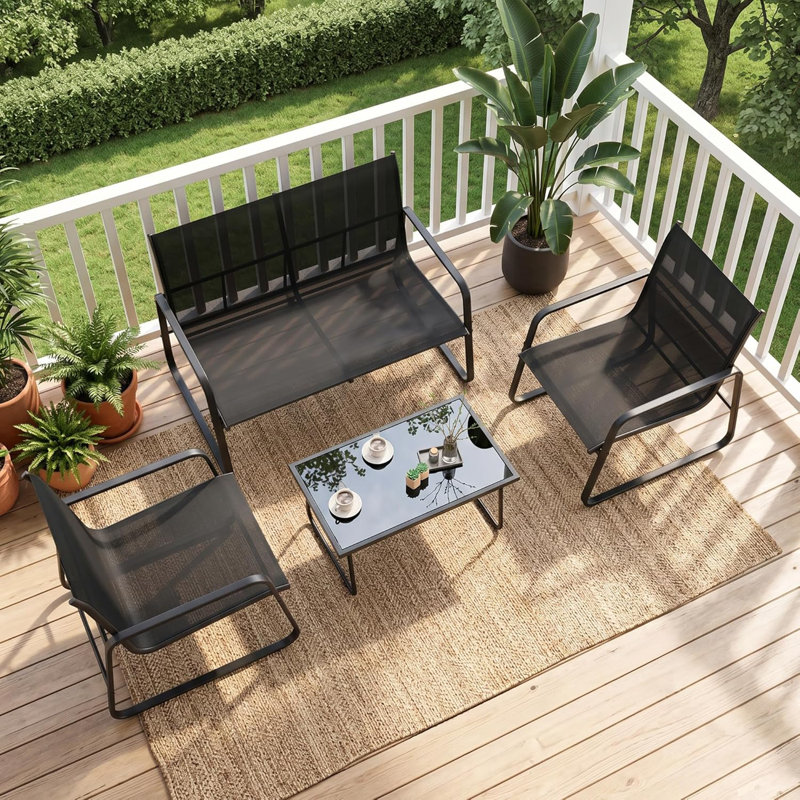 Garden Furniture Set, Metal Frame Patio Conversation Set With Loveseat, Black