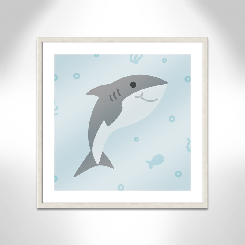 «Happy Shark», impression sur papier, H 16 po x l 16 po x P 1,18 po, Encadré de boîte à grain de bois blanc