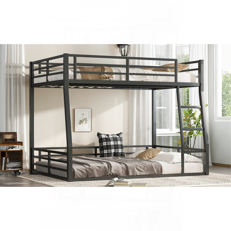 Lit superposé au dessus d'un grand lit double en métal pour les adolescents et les adultes, peu encombrant / sans sommier, noir