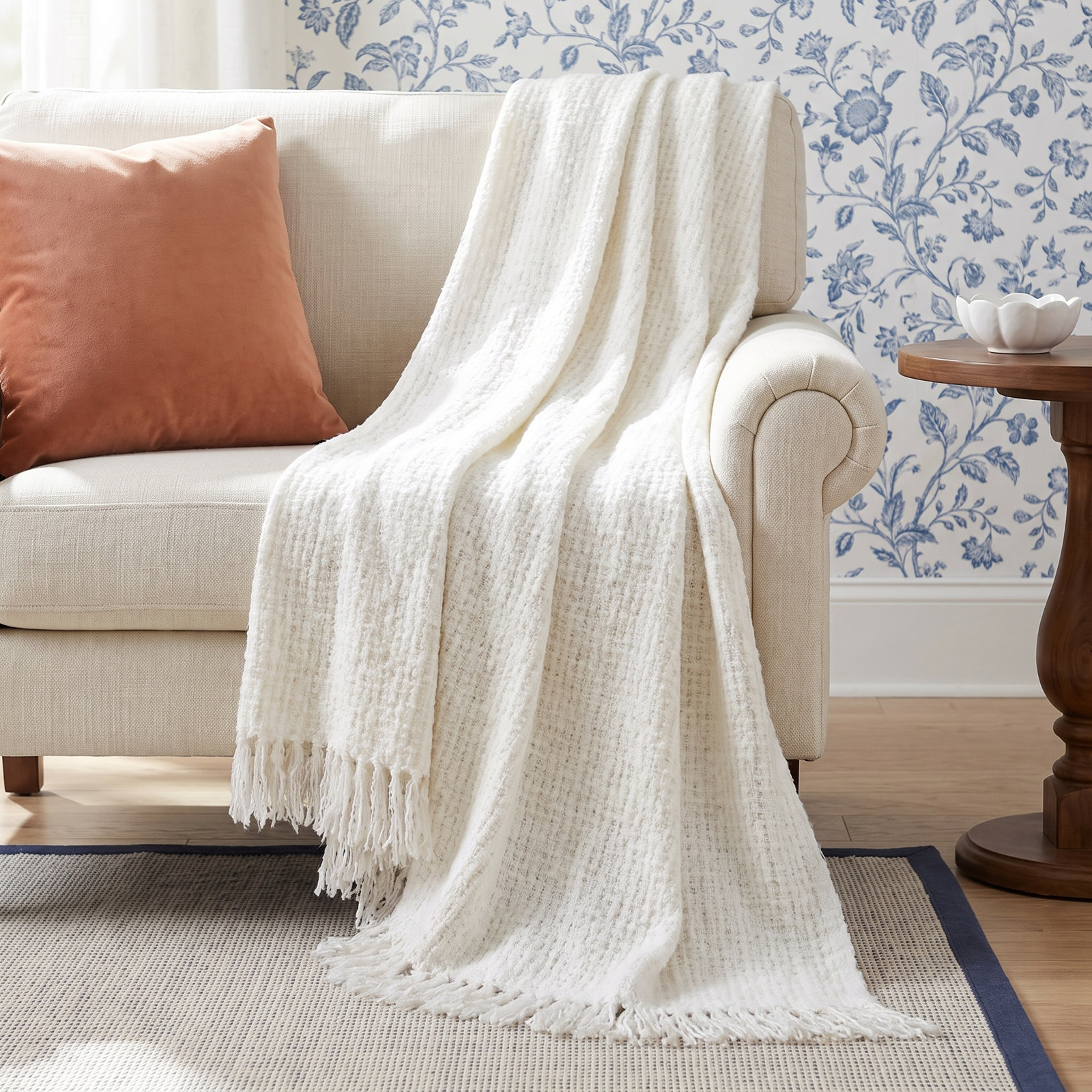Luma Acrylic Hand Woven Throw Blanket, White/Beige