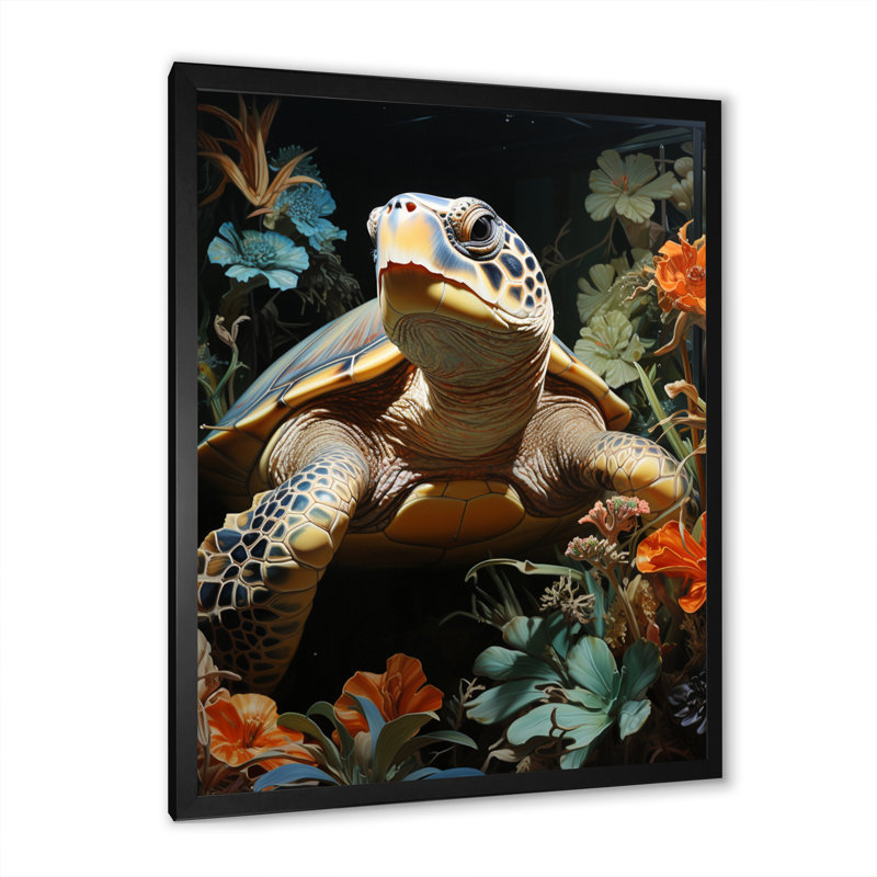 «Turtle Tranquility In The Ocean I», reproduction d'art sur toile, Cadre simple noir, H 32 po x l 16 po x P 1 po