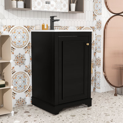 Meuble-lavabo autoportant avec lavabo en céramique, tablette réglable et porte à fermeture en douceur