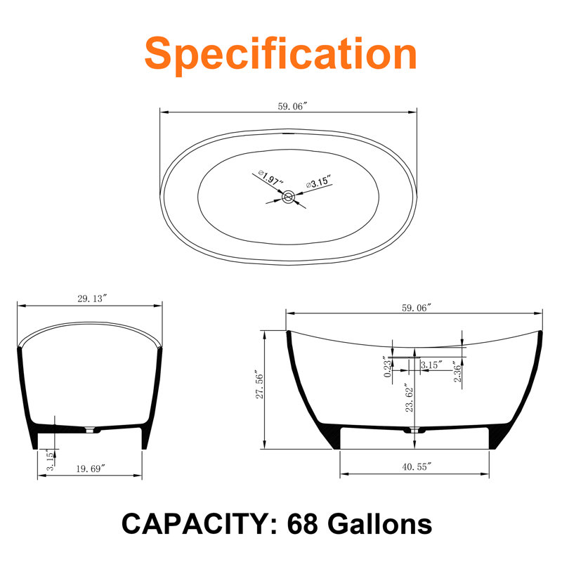 Baignoire de trempage autoportante 59 po x 30 po, H 59 po x l 30 po