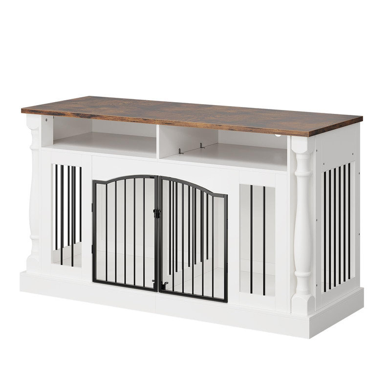 Caisse pour chien 63 pouces en bois avec colonnes romaines - portes doubles, diviseur, rangement pour meuble télé, Brun