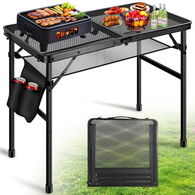 Folding Grill Table, Metal Portable Grill Table For Camping, Small Outdoor Table For Grill,Height Adjustable Camping Grill Table With Mesh Bag
