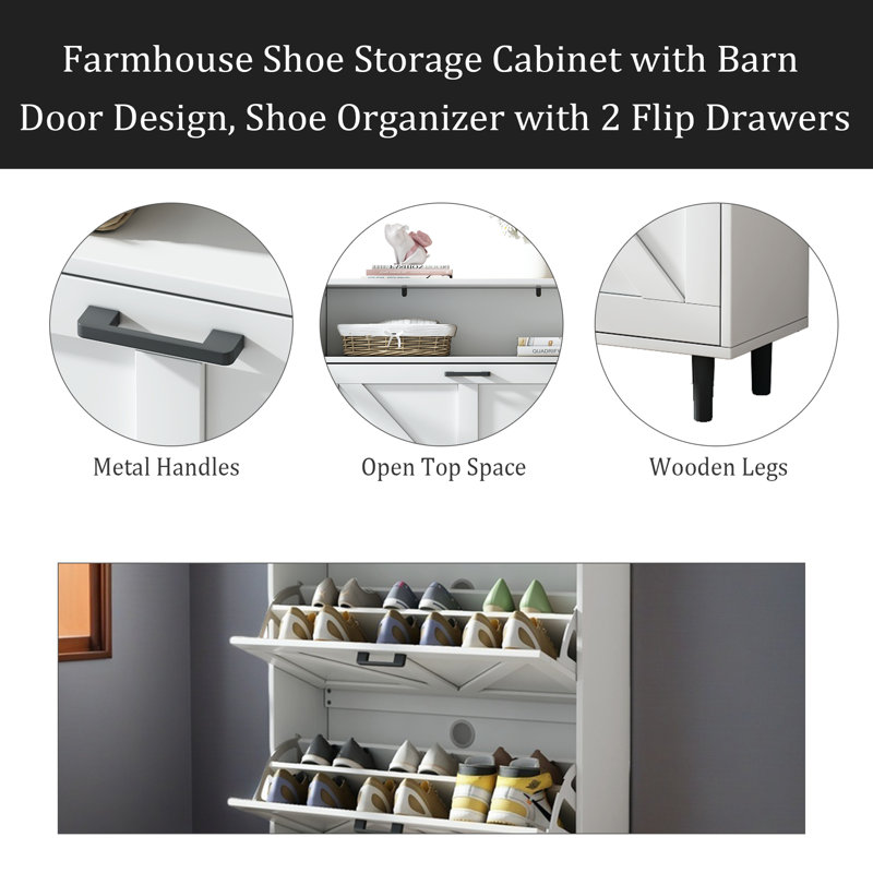 Farmhouse Shoe Storage Cabinet With Barn Door Design, Shoe Organizer With 2 Flip Drawers, Freestanding Narrow Shoe Rack Cabinet With Open Storage For Entryway,Foyer,Hallway