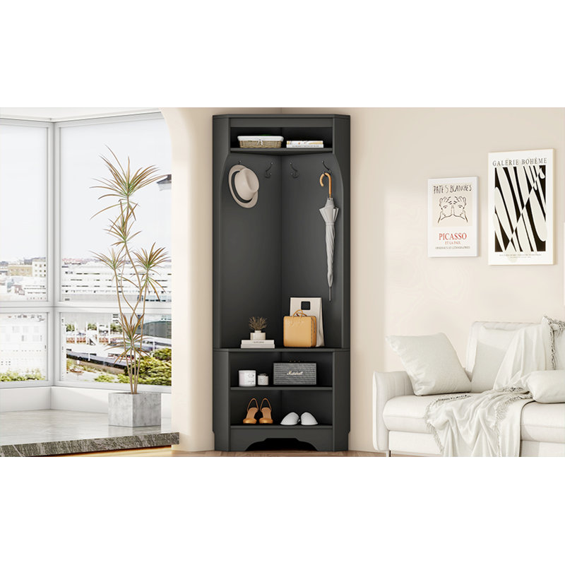 Corner Hall Tree With Shoe Bench, Versatile Entryway Coat Rack With 4 Hooks, Corner Cabinet With Adjustable Shelf