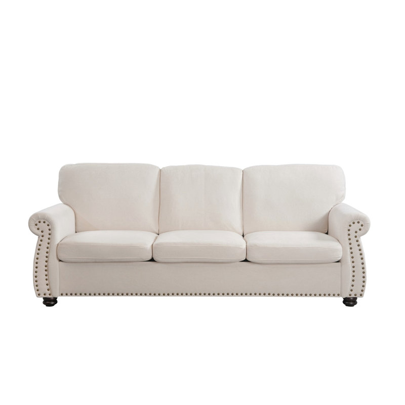 Velours de style Mid-Century moderne, 3 places avec mousse haute, pieds en bois massif, toucher, Ivoire ivoire