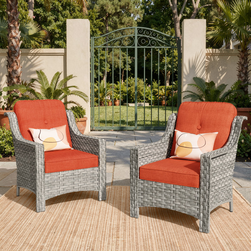 Chaises d'extérieur en osier 2 places Emanuell pour 2 personnes avec coussins confortables, Tangerine Red