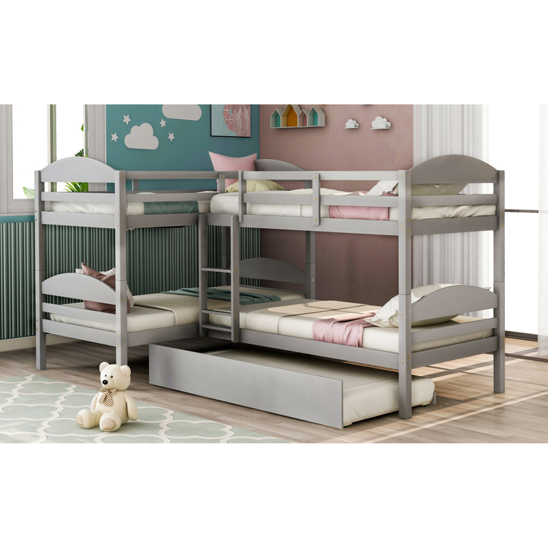 Lit superposé simple en L gris avec lit gigogne - Élégant et sécuritaire, il offre une capacité de couchage supplémentaire