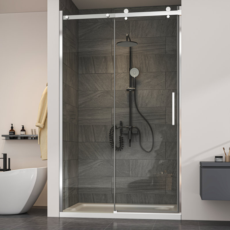 56"-60" W x 76" H Single Sliding Frameless Shower Door with 5/16" (8mm) Crystal Clear Tempered Glass, Silver