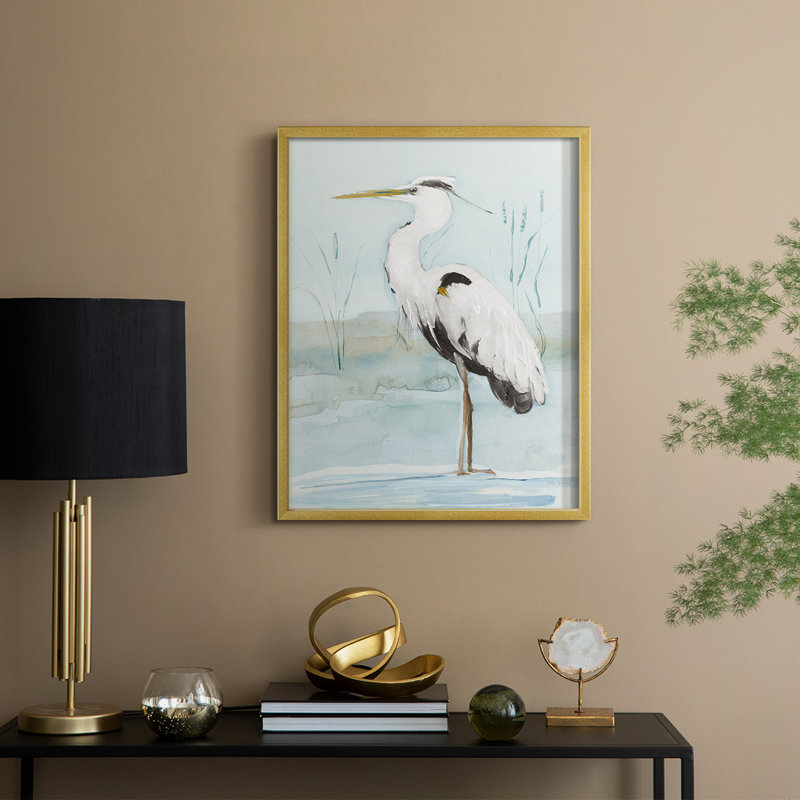 Heron on Blue II, reproduction encadrée - bois massif, H 30 po x l 24 po, Doré
