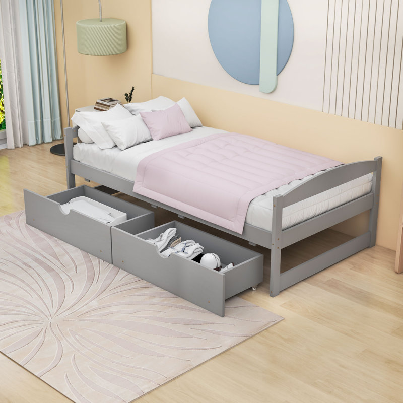 Lit plateforme en bois 2 tiroirs Kristle, Gris