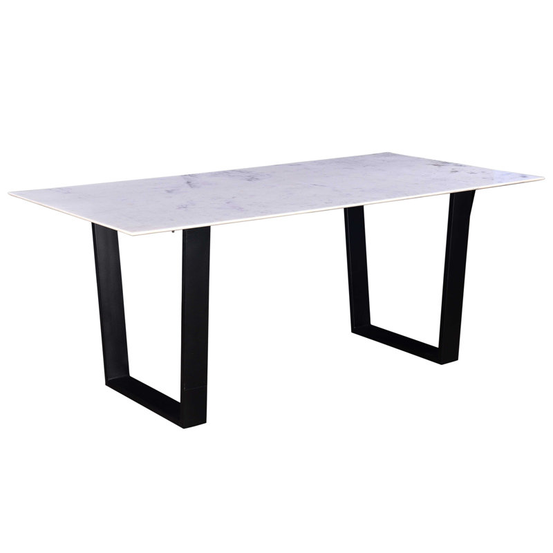 Table de salle à manger rectangulaire moderne avec plateau en marbre, base en métal robuste, noir / blanc