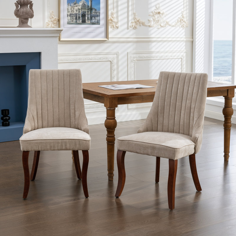 Chaise de salle à manger rembourrée haut de gamme à dossier haut avec pieds en bois massif (lot de 2), Velvet, Beige