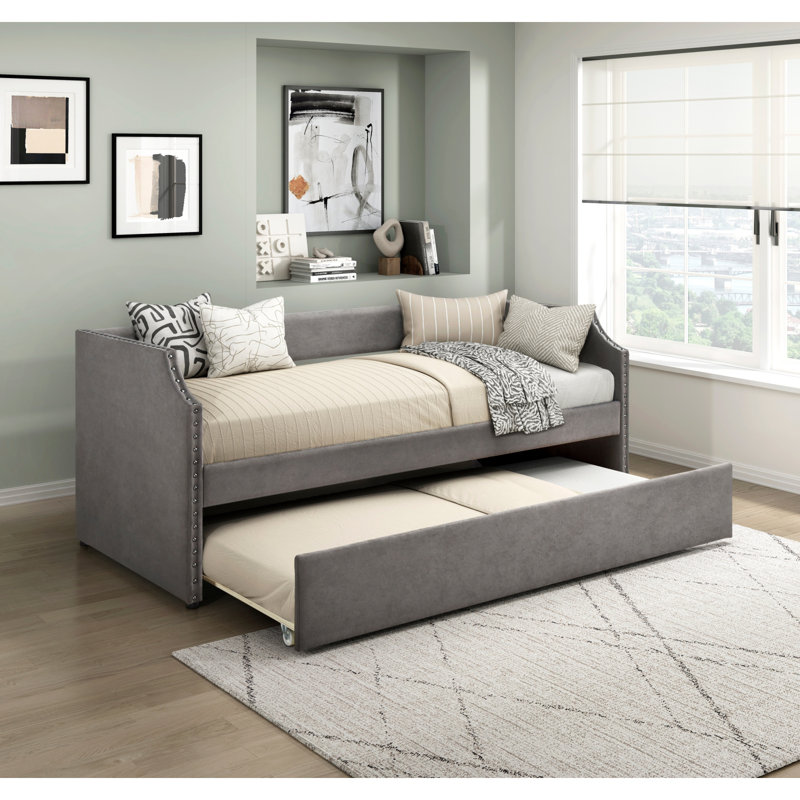 Lit de jour moderne moderne avec couchette en tissu texturé gris foncé et tissu d'ameublement 1 pièce, Gris foncé