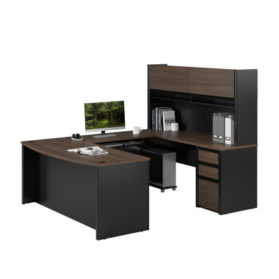 Bureau en U de 72 pouces avec tiroirs, huche et plateau à clavier en Antigua et noir